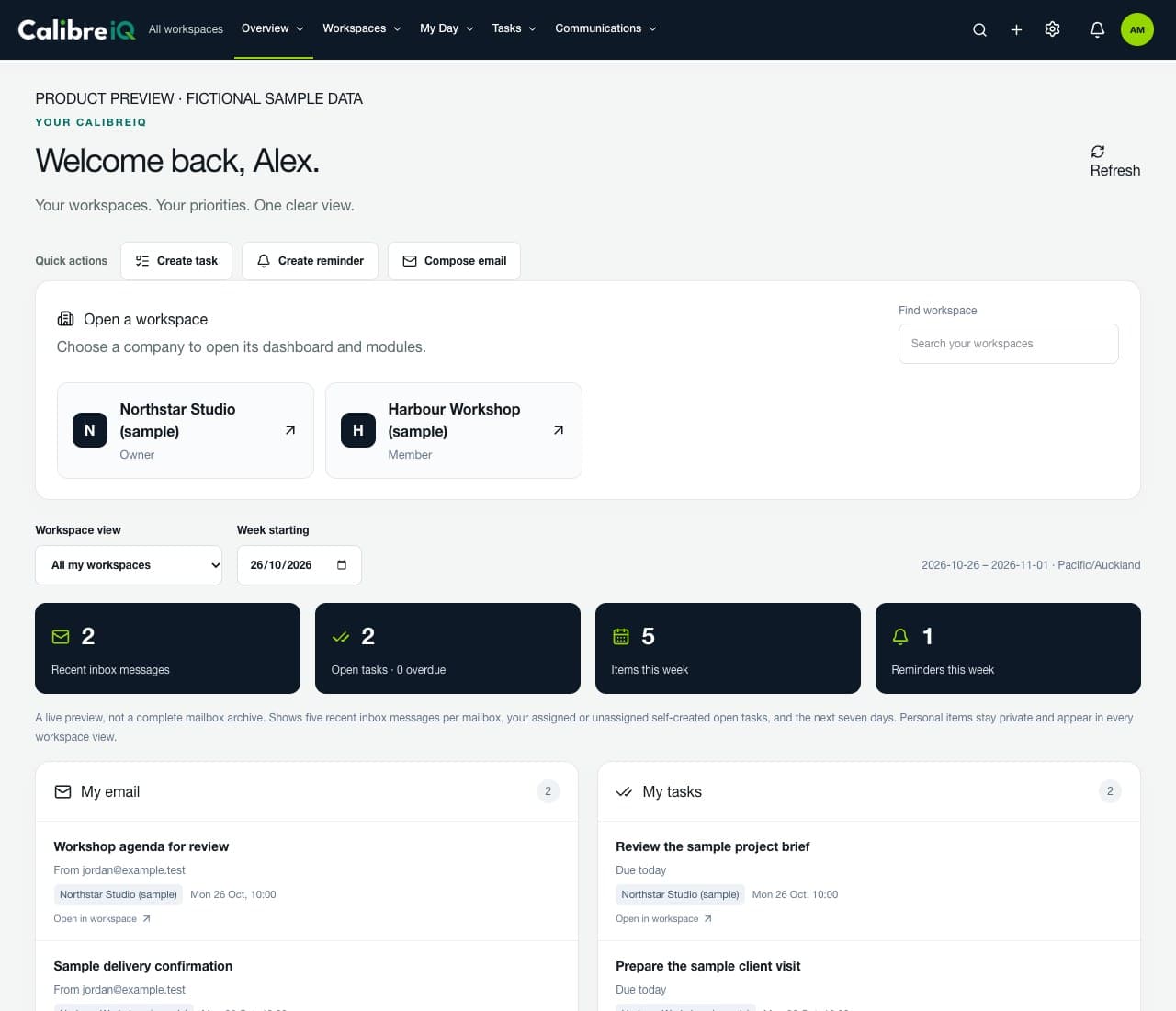 CalibreIQ All Workspaces screen with sample tasks, email and reminders for two fictional businesses